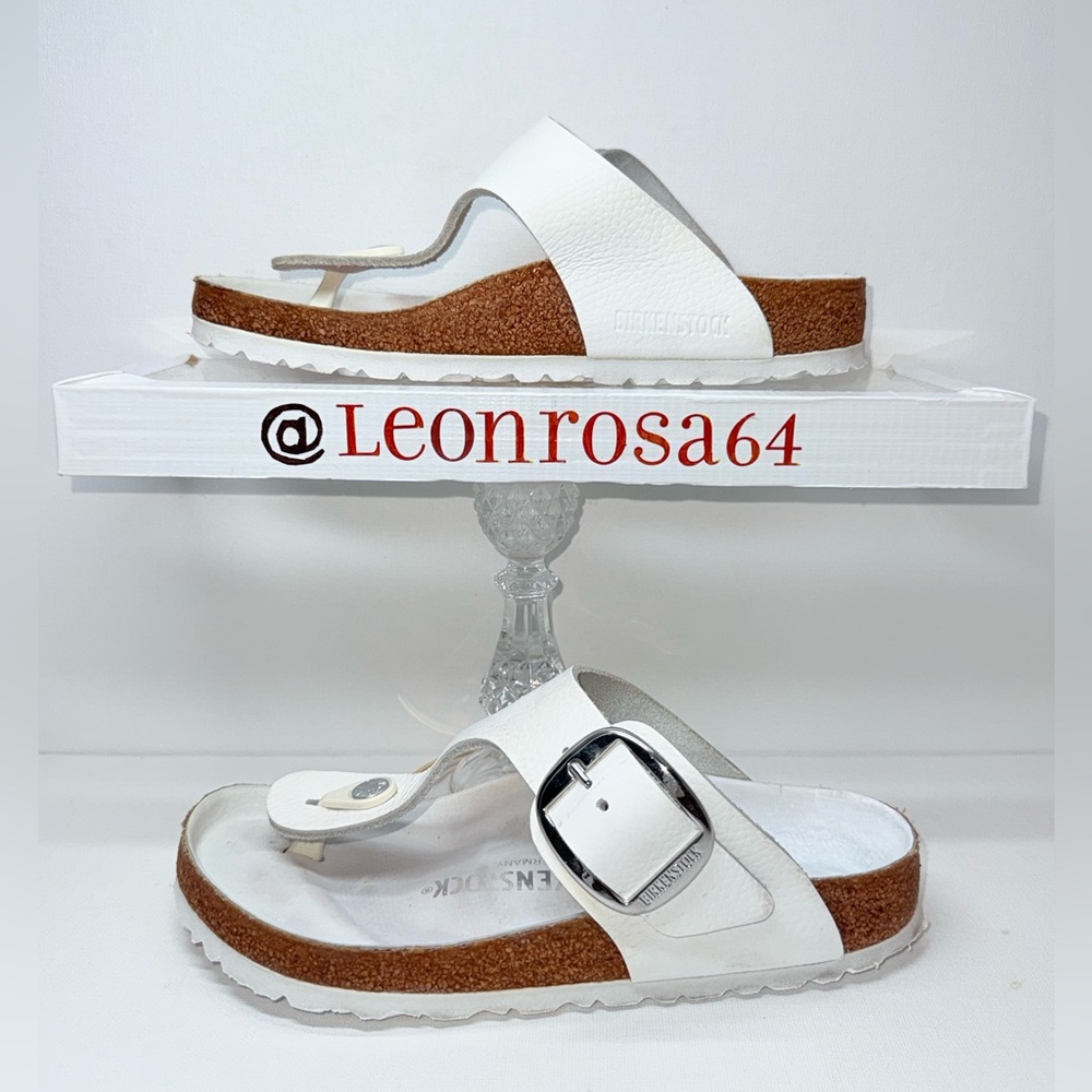 Birkenstock White Thong Sandals with Silver Buckle - Picture 2 of 9
